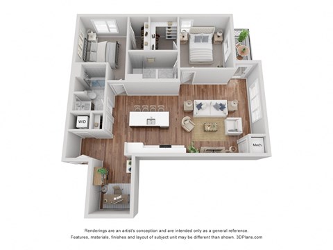 The B1 is 2 Bed, 2 Bath at 1,225 Sq. Ft.
From the entry door, to the left is the first bathroom and bedroom. Straight ahead is the open-concept kitchen, dining, and living area. From the entry door, to the right is the washer/dryer closet, second bathroom, and second bedroom, with a patio off the living room.